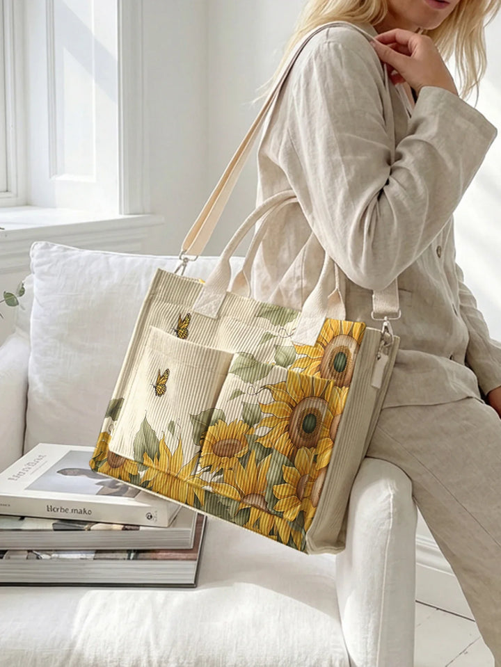 Sélène | Sac cabas en velours côtelé papillon et tournesols