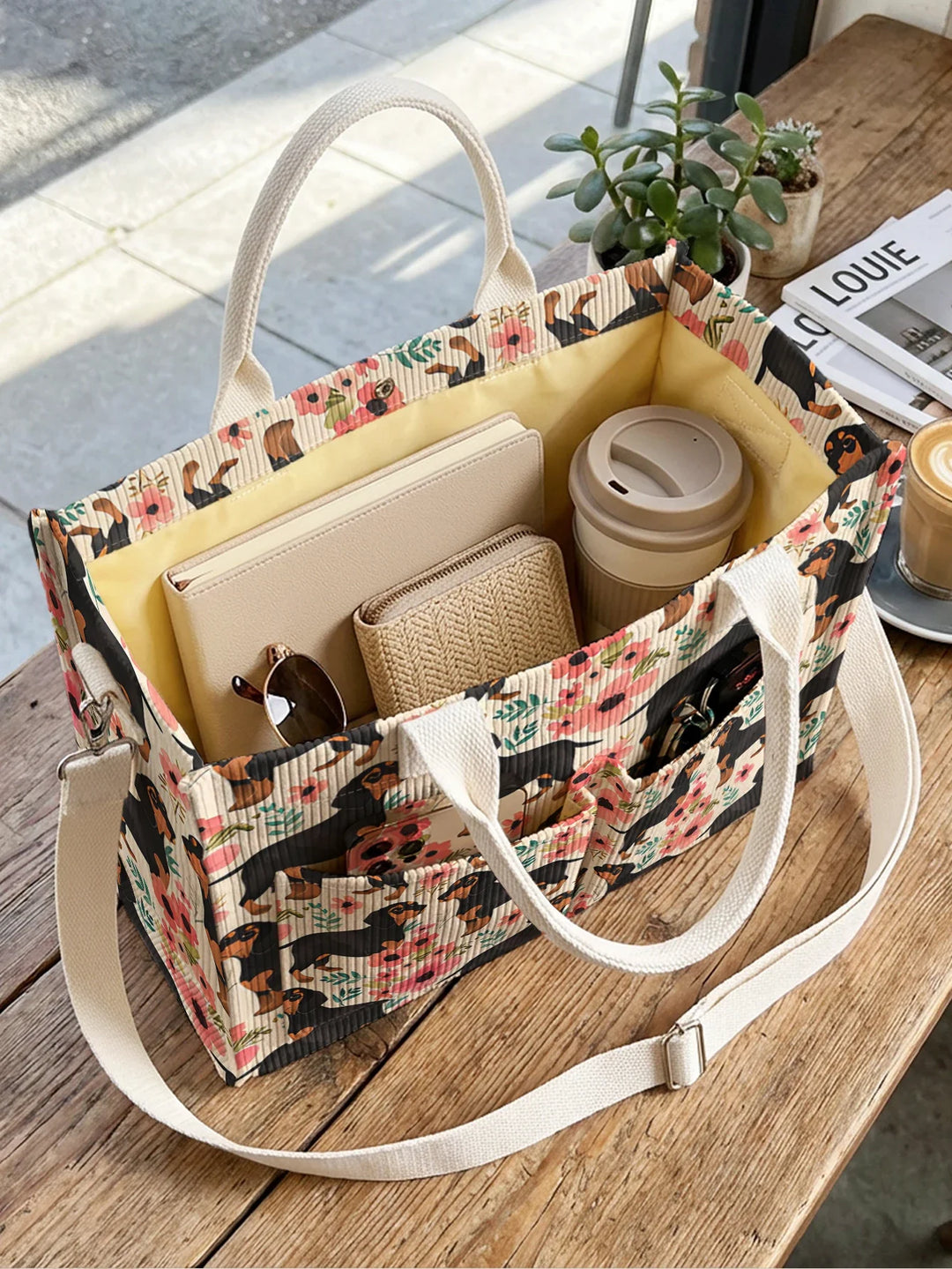 Paloma | Sac cabas en velours côtelé teckels fleuris