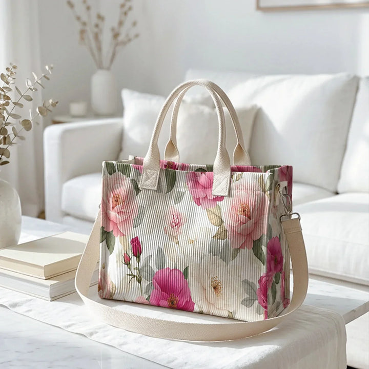 Thècle | Sac cabas en velours côtelé pivoines