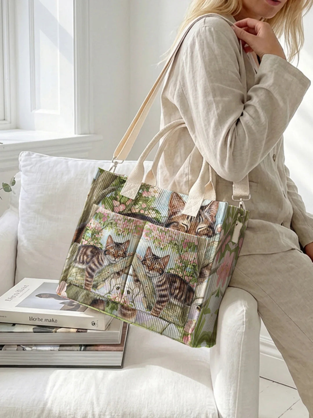Oanez | Sac cabas en velours côtelé chat tigré fleuri