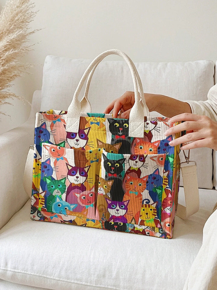 Prisca | Sac cabas en velours côtelé chats multicolores