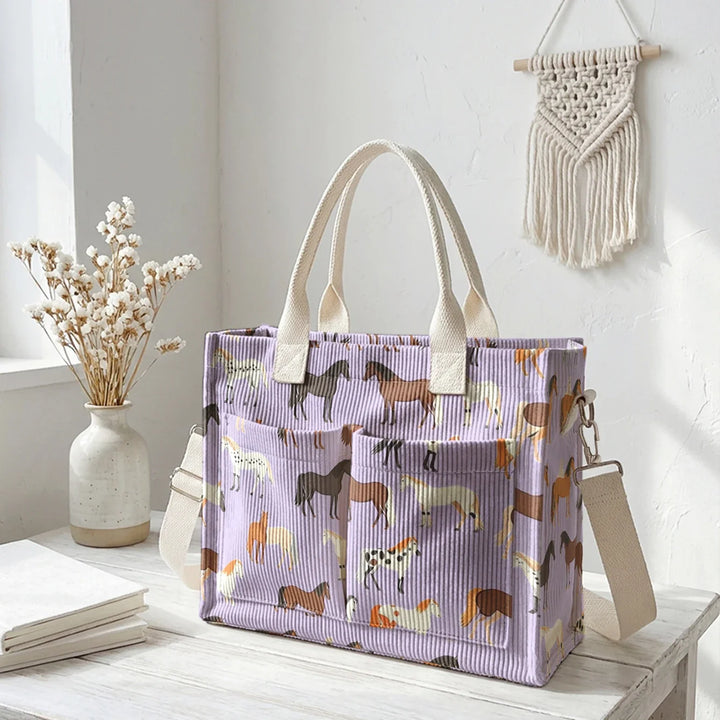 Romaine | Sac cabas en velours côtelé chevaux