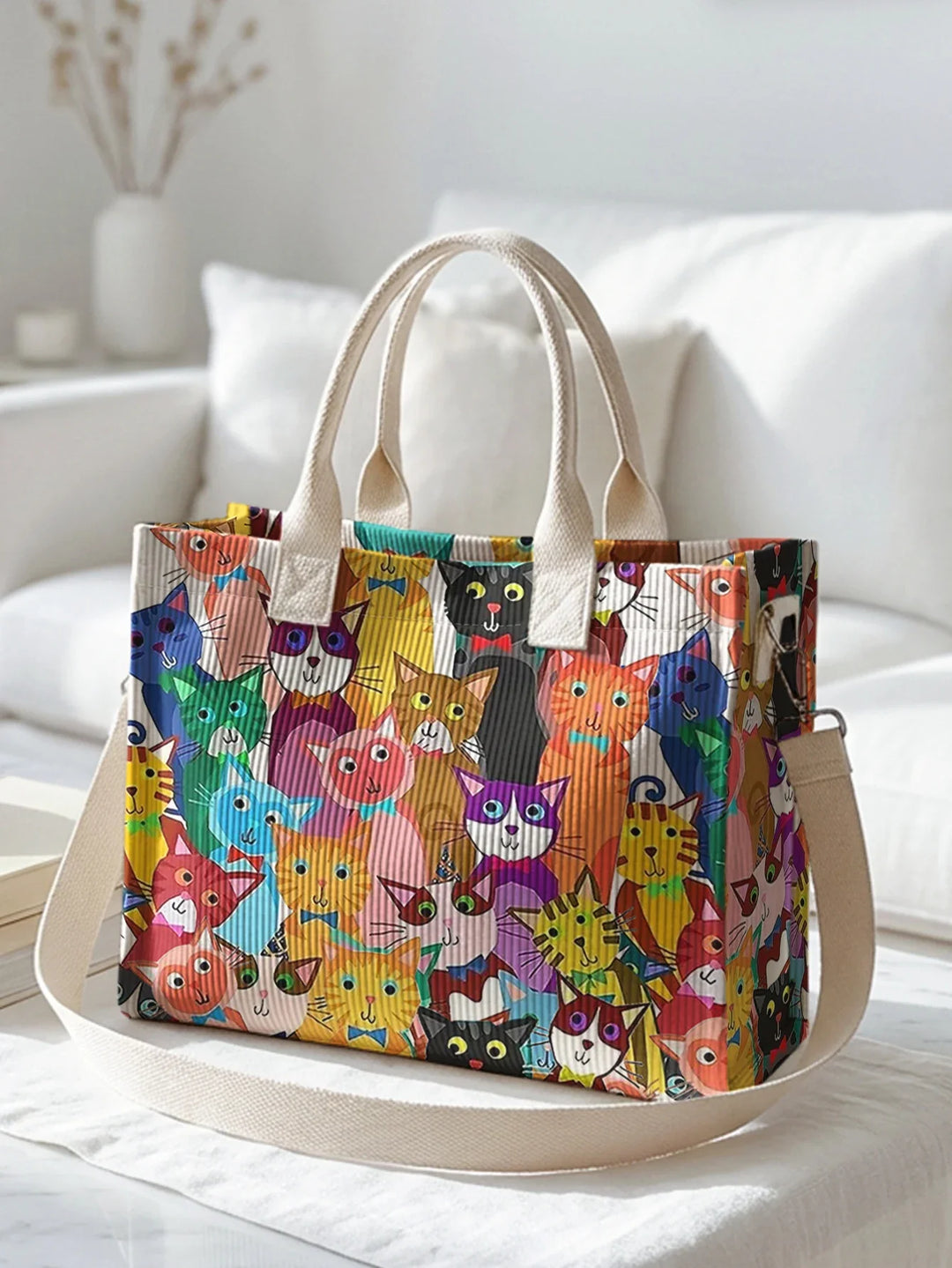 Prisca | Sac cabas en velours côtelé chats multicolores