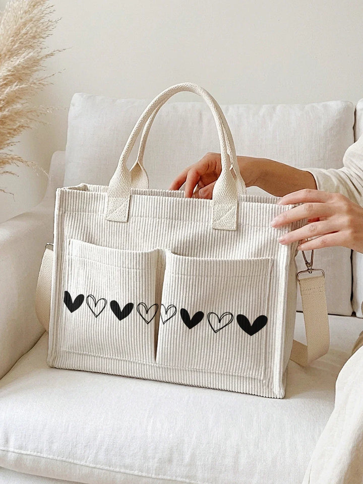 Yasmine | Sac cabas en velours côtelé cœurs noirs