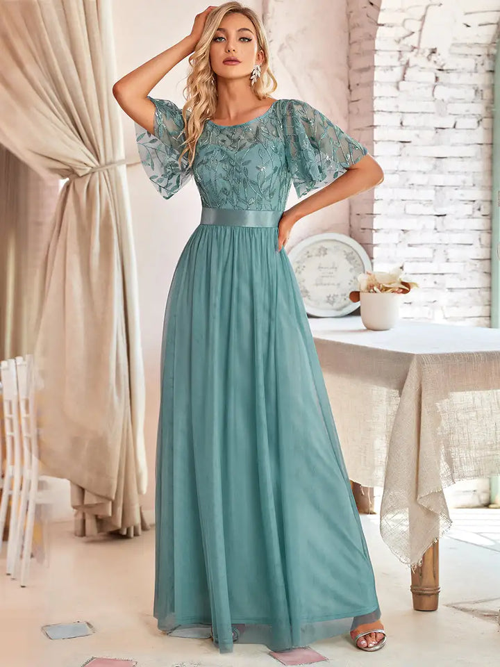 Elodie | Robe de Soirée à Manches Courtes en Sequins