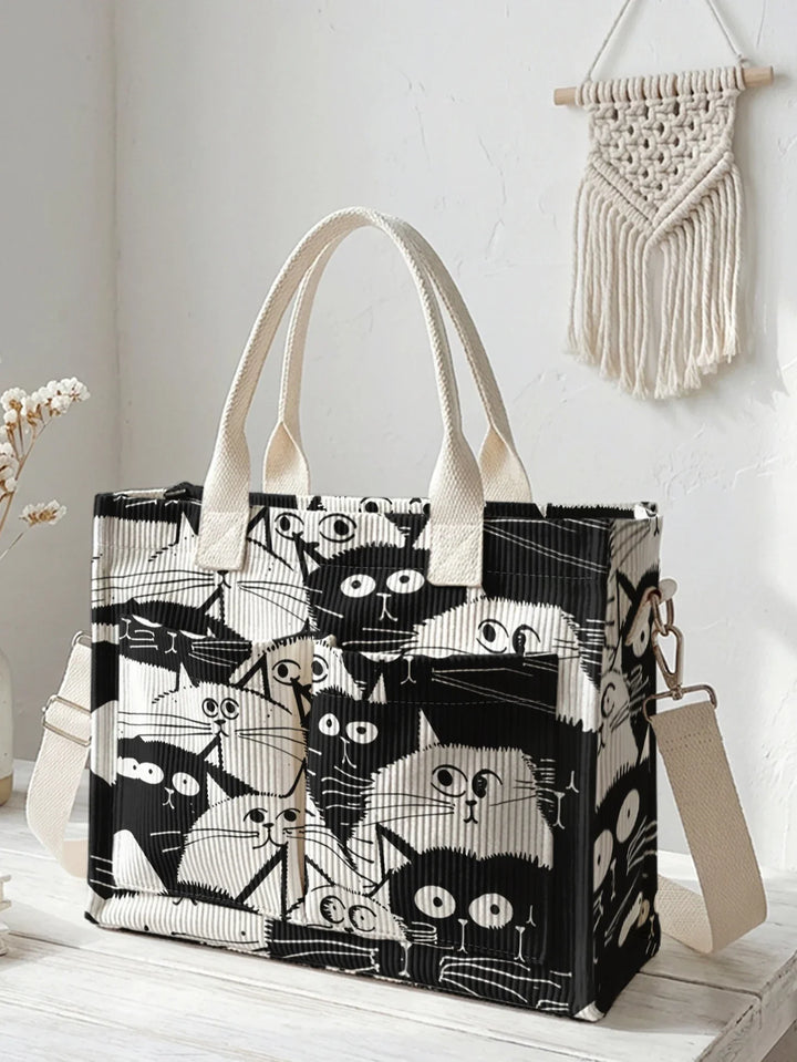 Ophélie | Sac cabas en velours côtelé chats noir et blanc