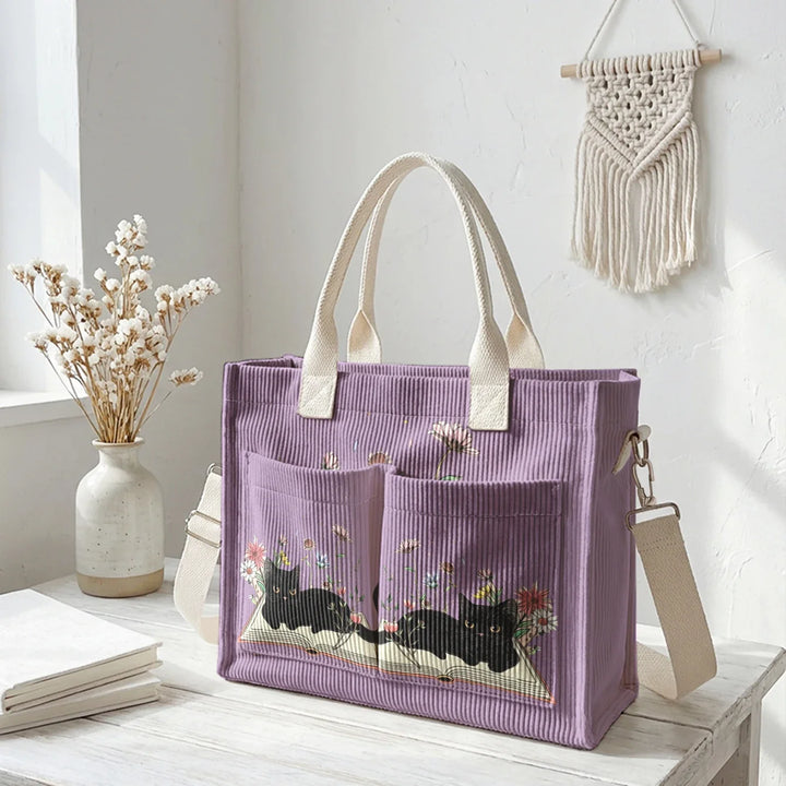 Nélia | Sac cabas en velours côtelé chat lecteur