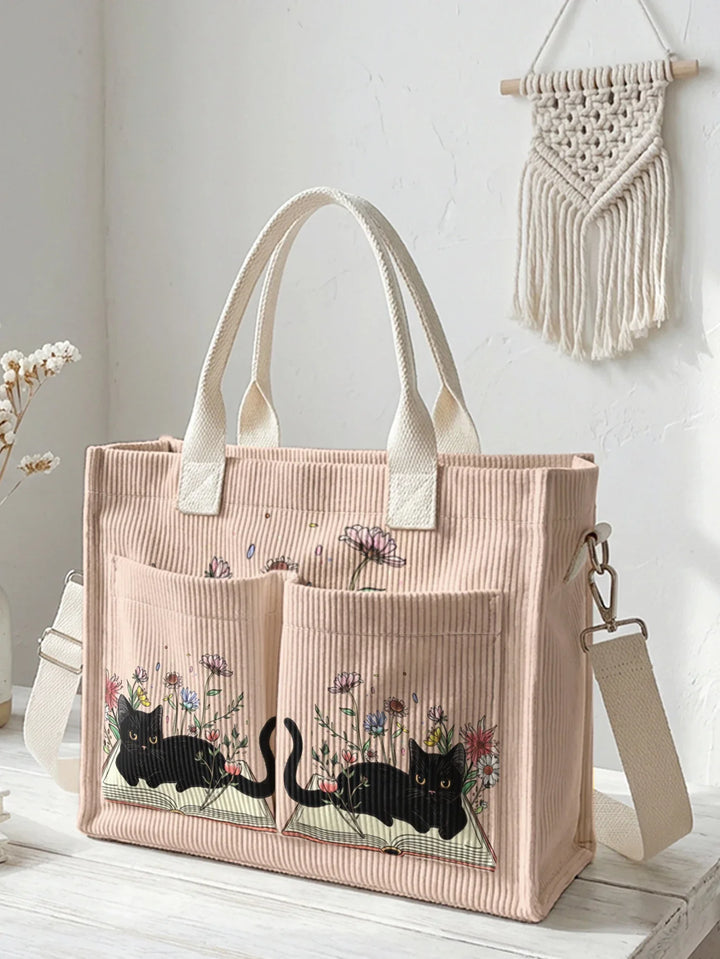 Nélia | Sac cabas en velours côtelé chat lecteur