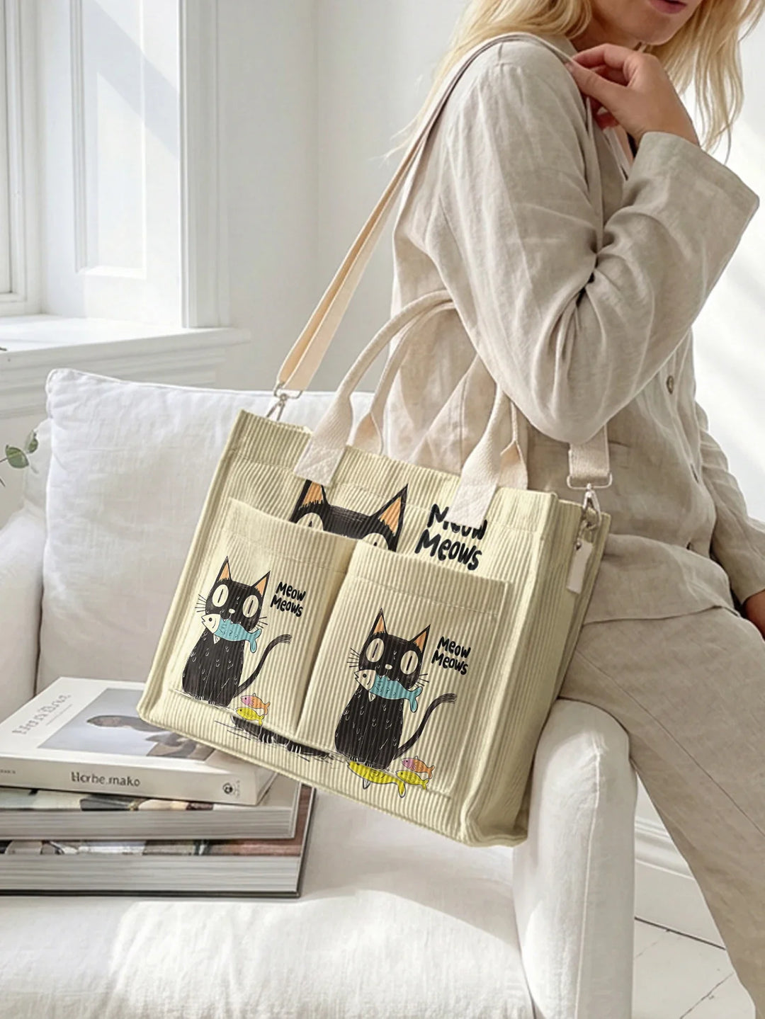 Nelly | Sac cabas en velours côtelé chats noirs