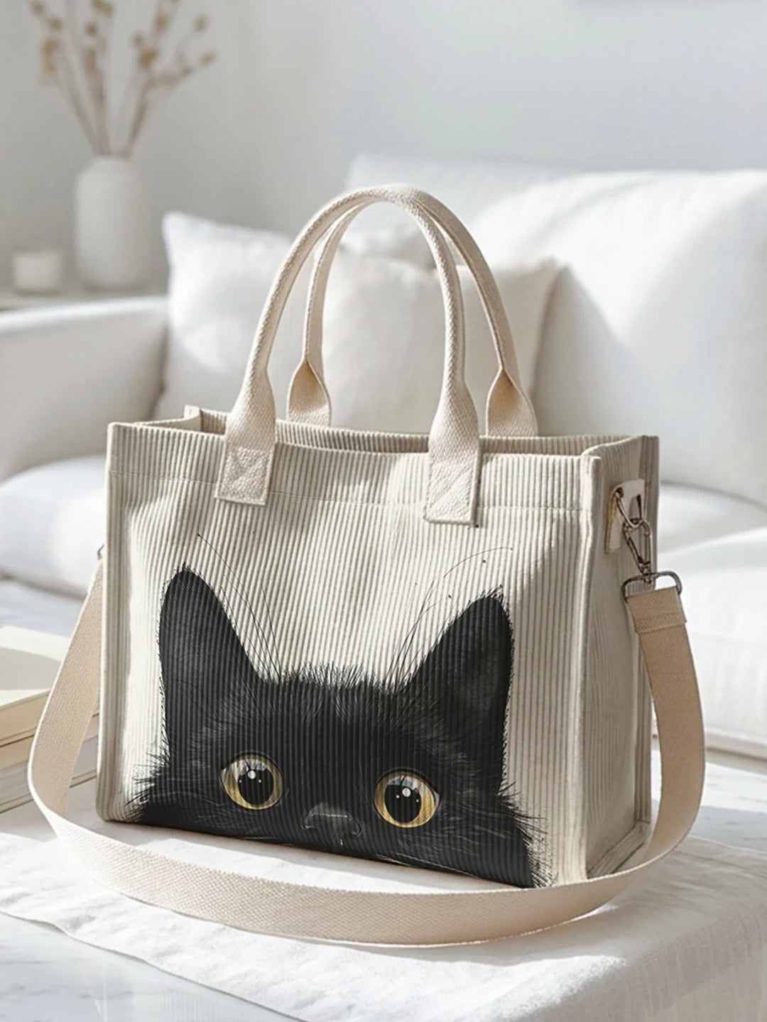 Orlane | Sac cabas en velours côtelé chats noirs espiègles