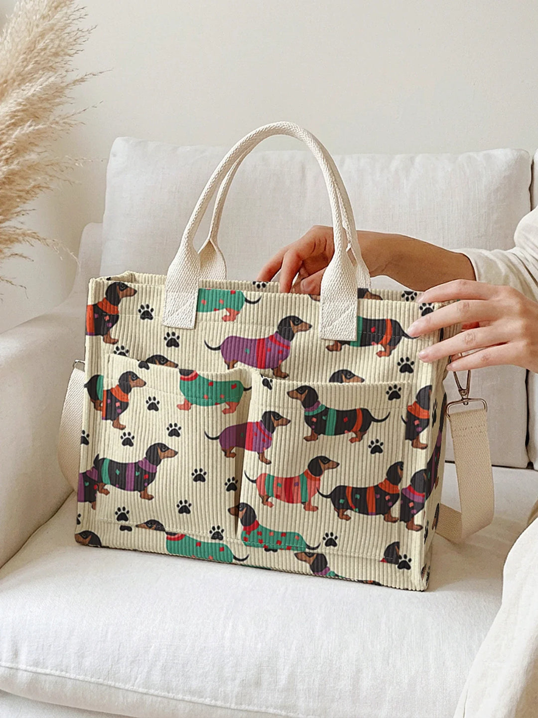 Pierrette | Sac cabas en velours côtelé teckels colorés