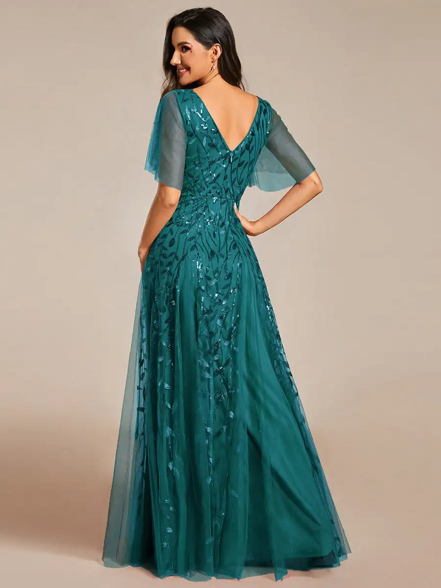Tessa | Robe de Soirée avec Manches Volantes en Sequins