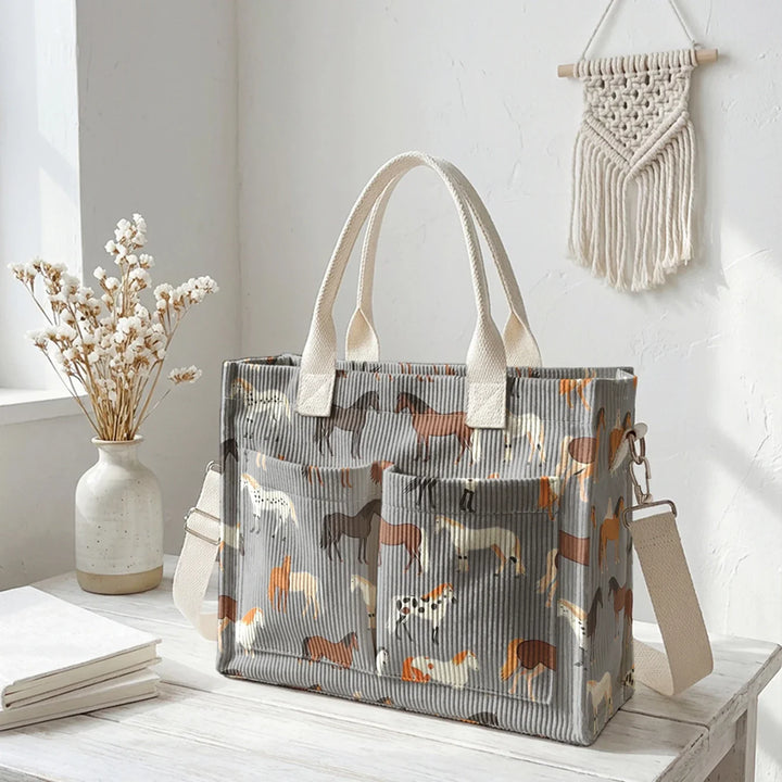Romaine | Sac cabas en velours côtelé chevaux