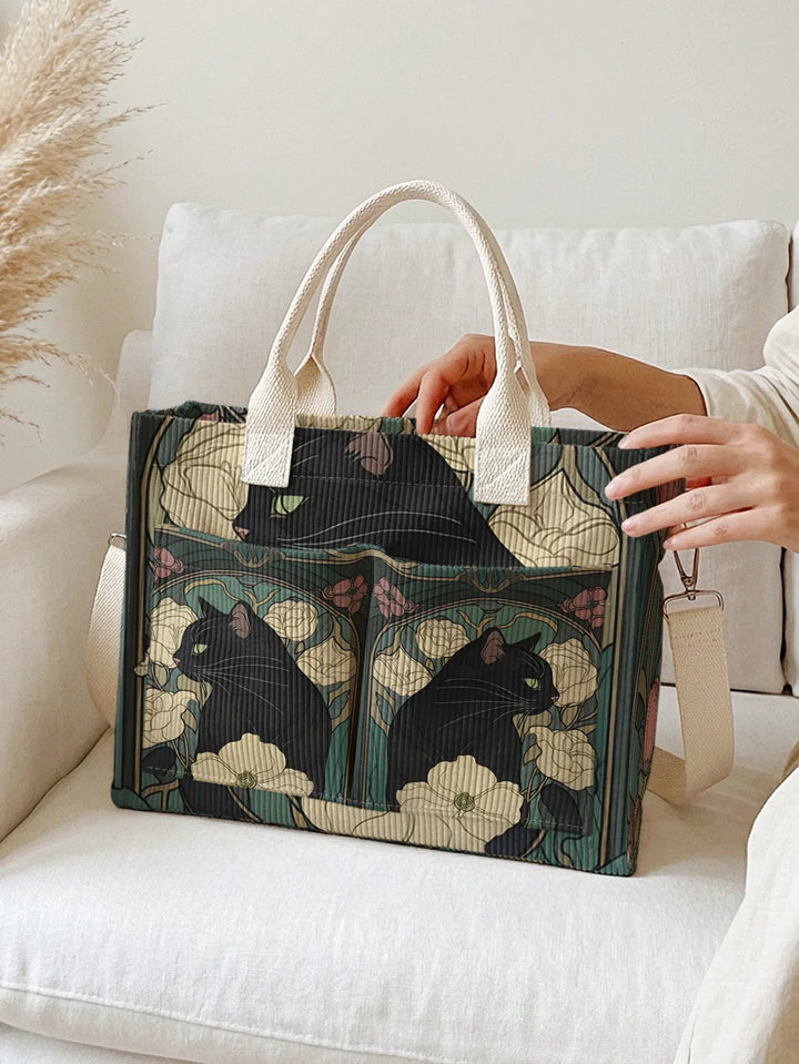 Ninette | Sac cabas en velours côtelé chat noir fleuri