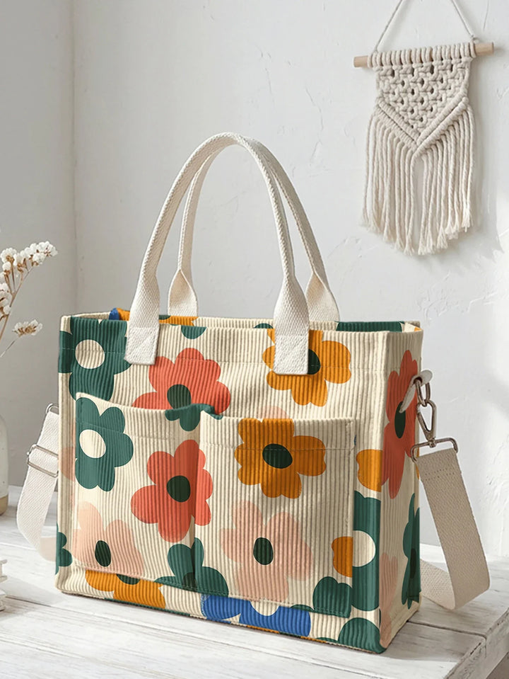 Valériane | Sac cabas en velours côtelé fleurs rétro sur fond beige