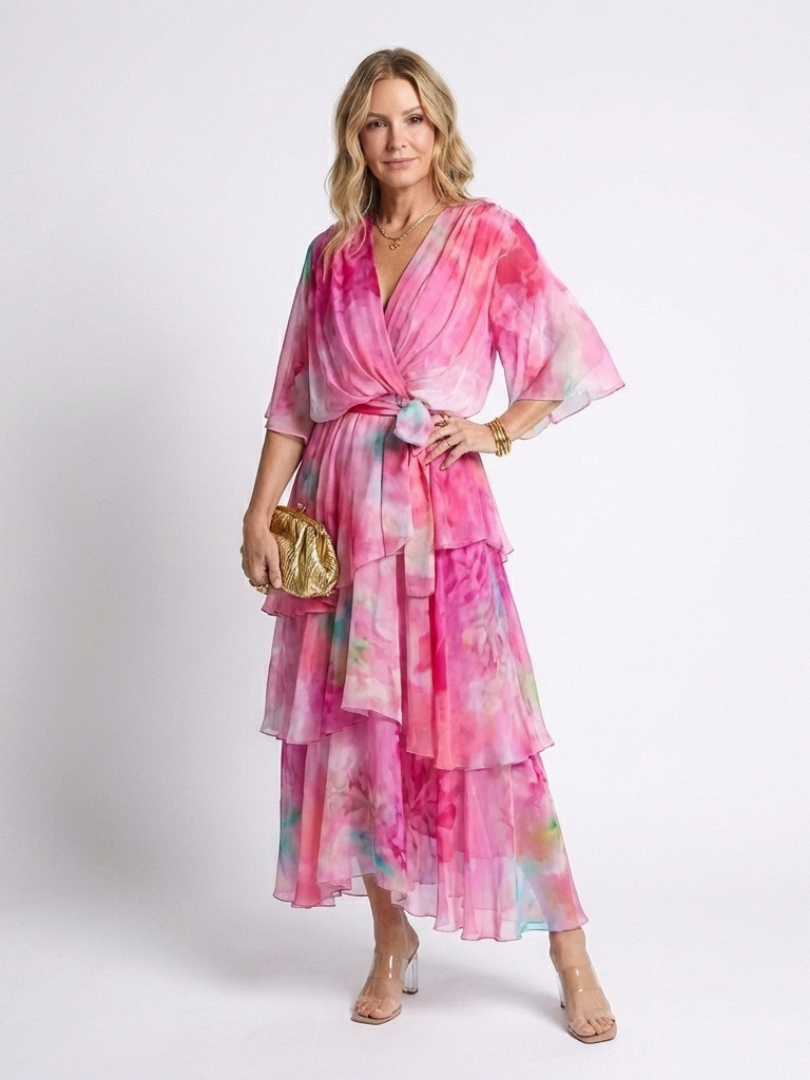 Calista | Robe maxi à décolleté en V, taille à nouer, en couches transparentes