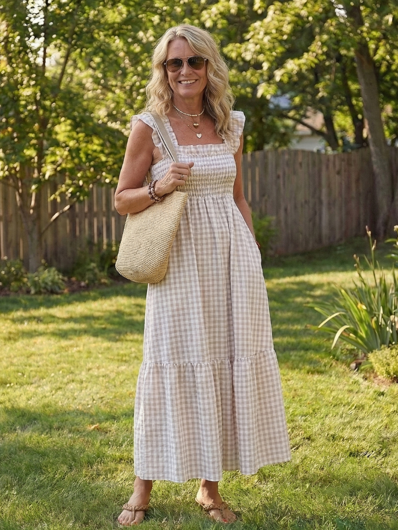 Odelisse | Flutter Sleeve Smocked Gingham Maxi Dress
