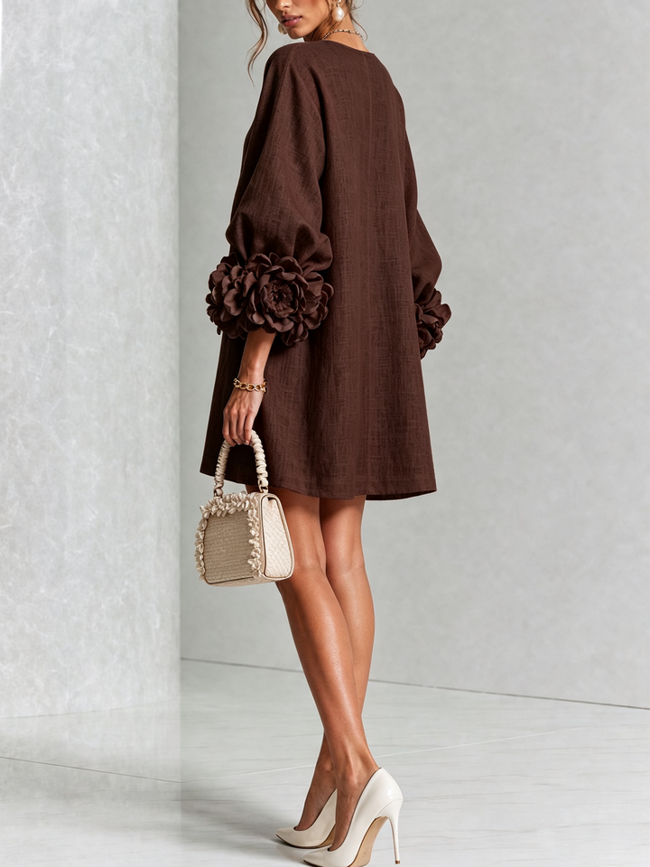 Brune | Robe courte en lin mélangé à manches bouffantes