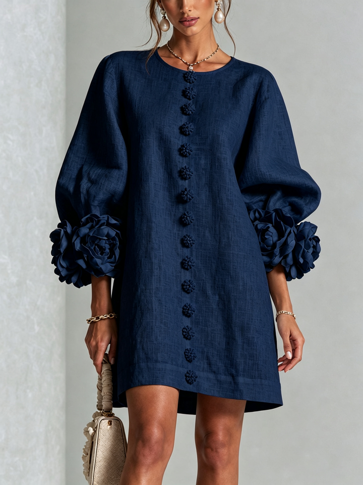 Brune | Robe courte en lin mélangé à manches bouffantes