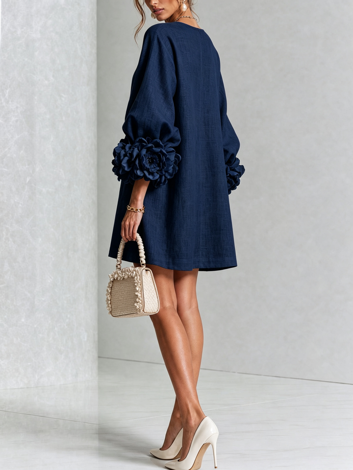 Brune | Robe courte en lin mélangé à manches bouffantes