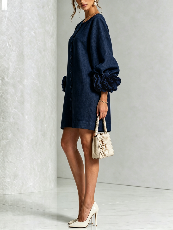 Brune | Robe courte en lin mélangé à manches bouffantes
