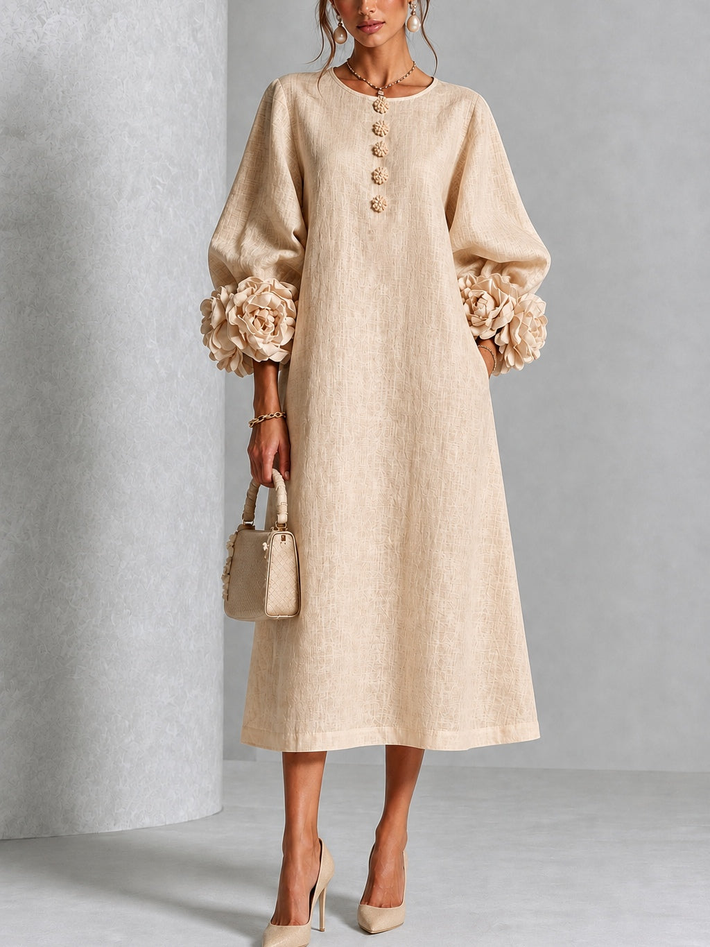 Clarisse | Robe midi à manches bouffantes et boutons fleuris