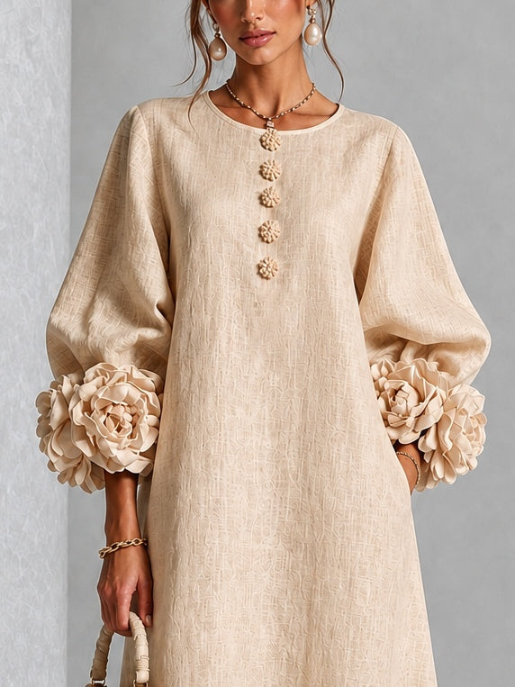 Clarisse | Robe midi à manches bouffantes et boutons fleuris