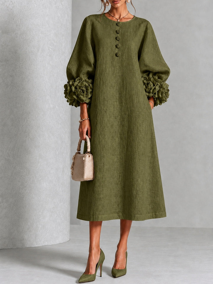 Clarisse | Robe midi à manches bouffantes et boutons fleuris