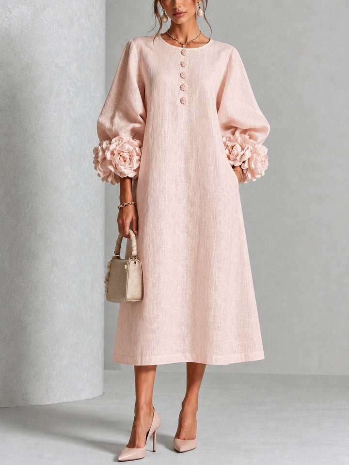 Clarisse | Robe midi à manches bouffantes et boutons fleuris