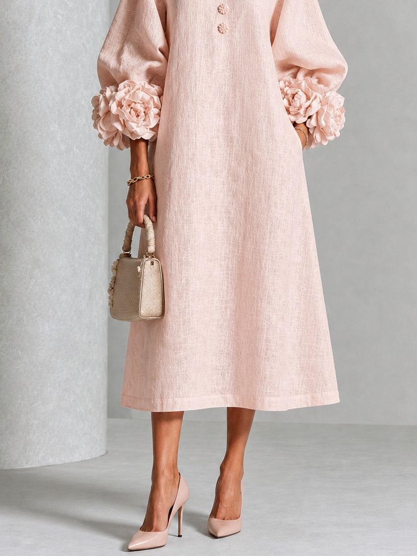 Clarisse | Robe midi à manches bouffantes et boutons fleuris