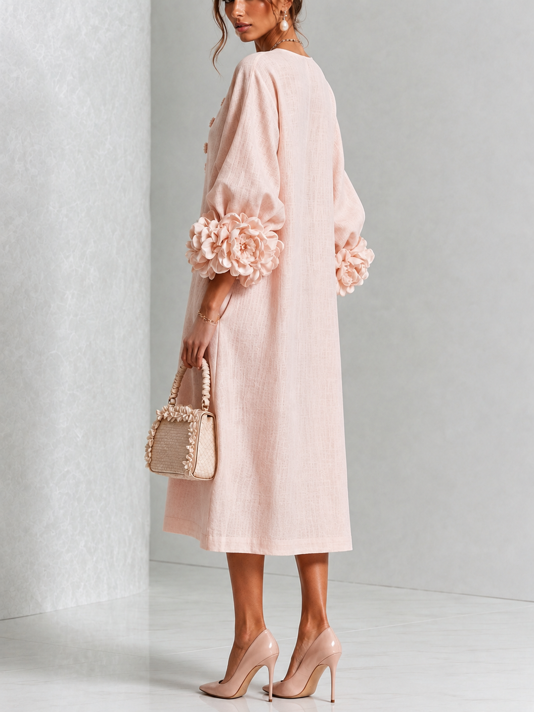Clarisse | Robe midi à manches bouffantes et boutons fleuris