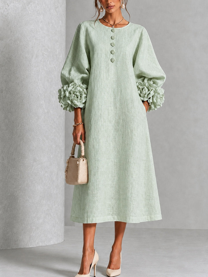Clarisse | Robe midi à manches bouffantes et boutons fleuris