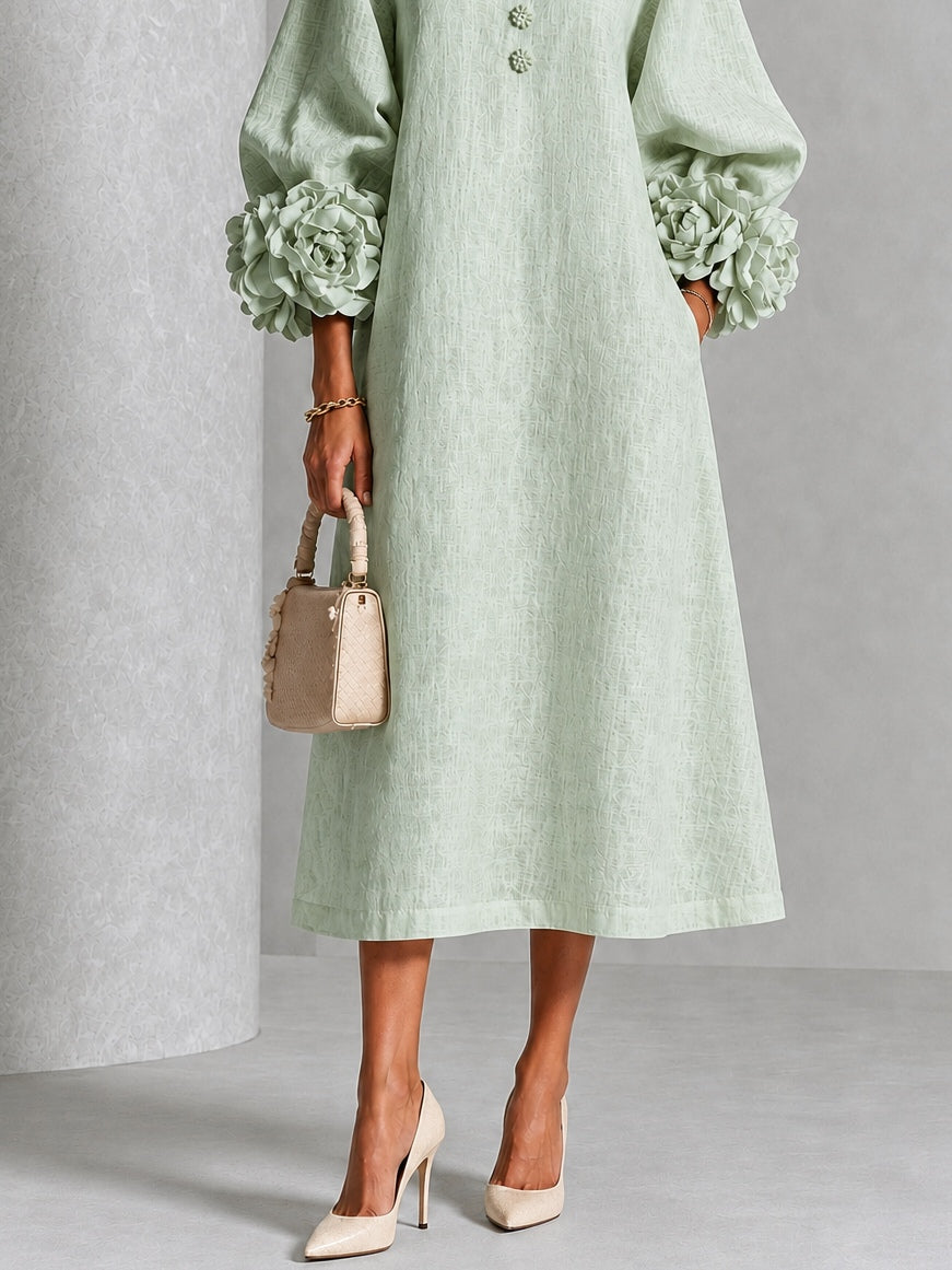 Clarisse | Robe midi à manches bouffantes et boutons fleuris