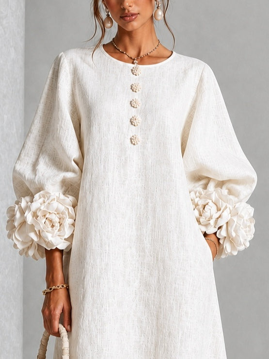 Clarisse | Robe midi à manches bouffantes et boutons fleuris