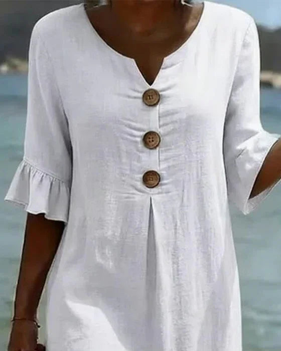 Vanesa | Robe en lin texturé avec manches ballon et boutons
