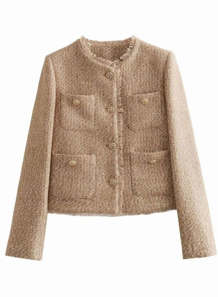 Amaryllis | Veste courte effet tweed sans col