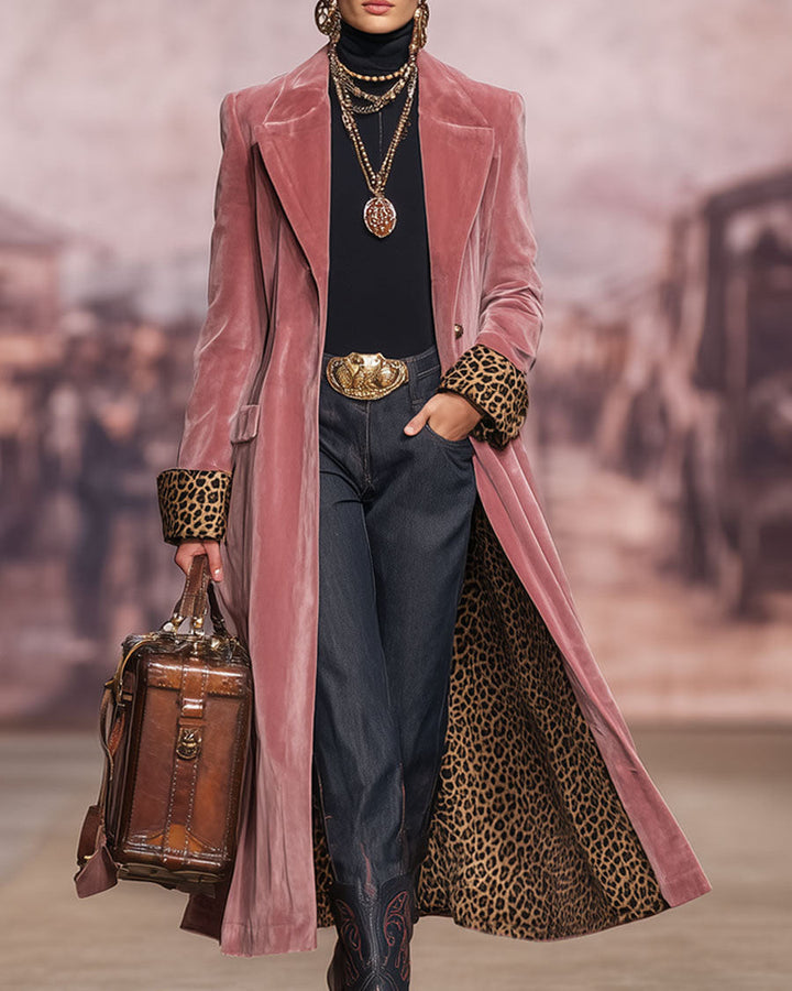 Armance | Manteau long effet velours à poignets léopard