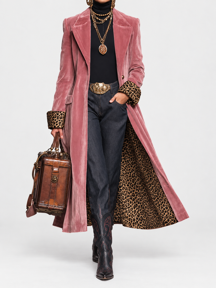 Armance | Manteau long effet velours à poignets léopard