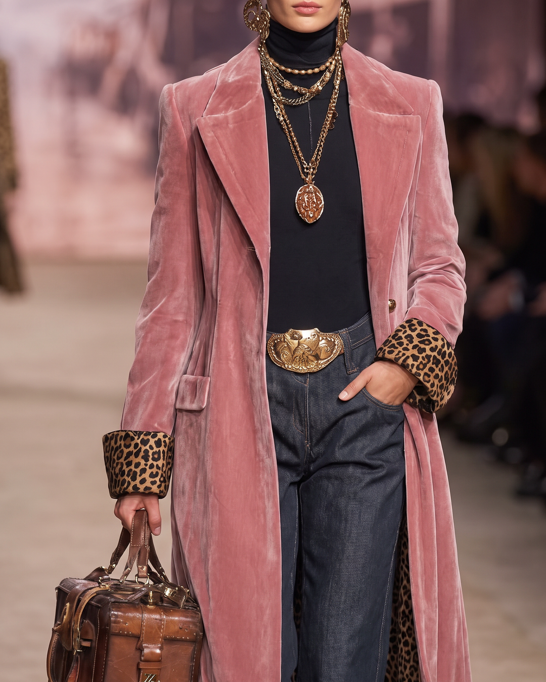 Armance | Manteau long effet velours à poignets léopard