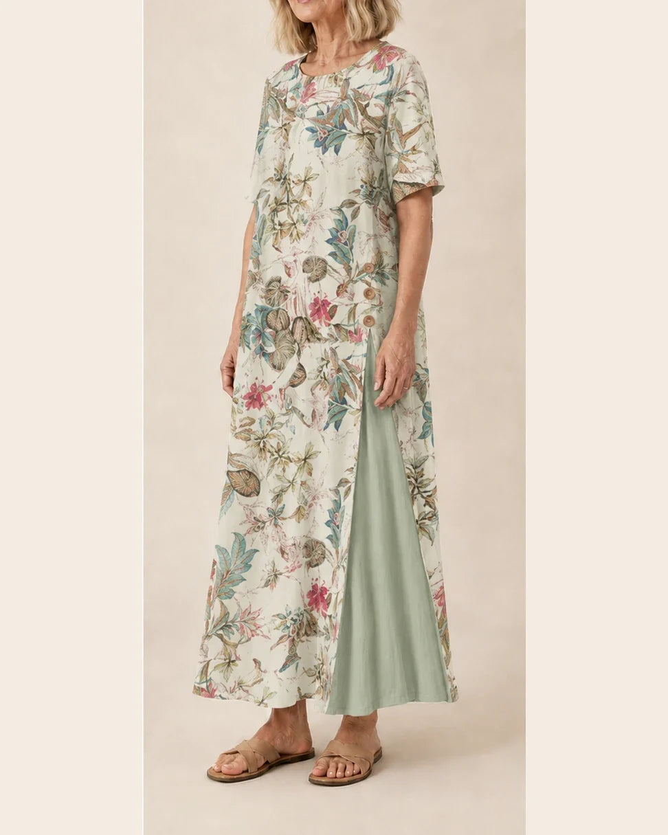 Maurene – Imprimé floral pastel | Robe longue décontractée effet lin