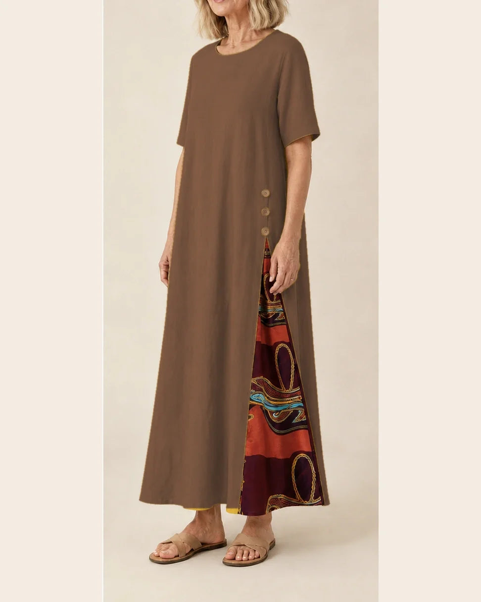 Maurene – Marron | Robe longue décontractée effet lin