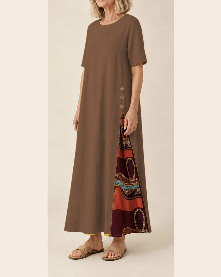 Maurene – Marron | Robe longue décontractée effet lin
