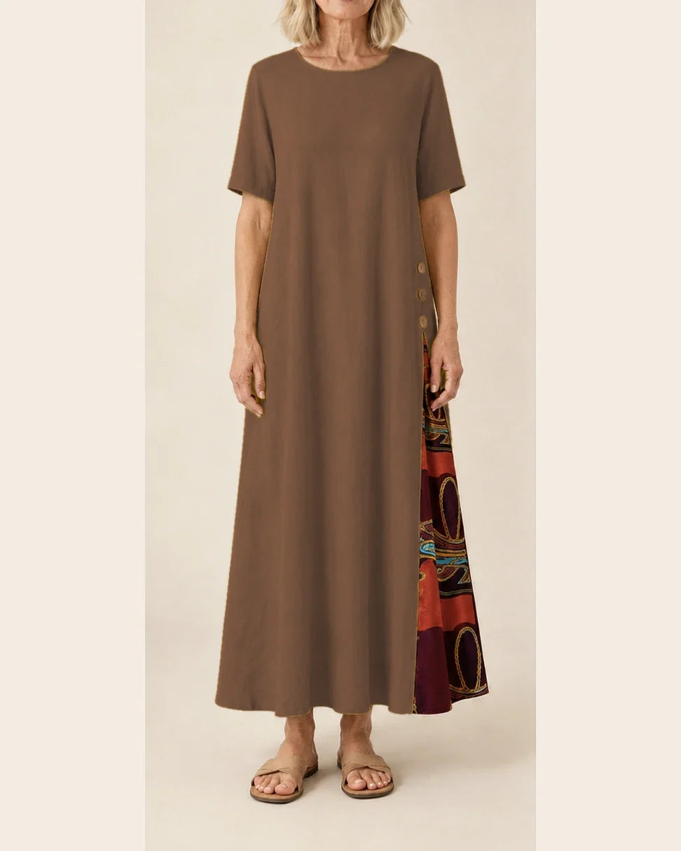 Maurene – Marron | Robe longue décontractée effet lin