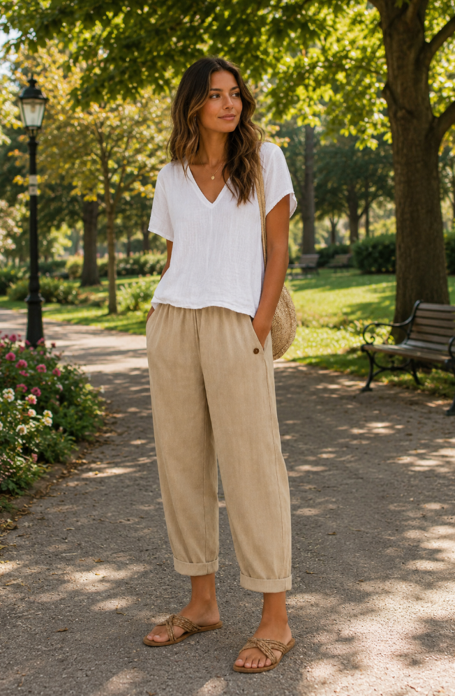 Chantale | Pantalon ballon effet lin à taille élastiquée