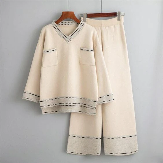 OHANA | Haut V-Neck Abricot et Pantalon Large Ensemble de Détente