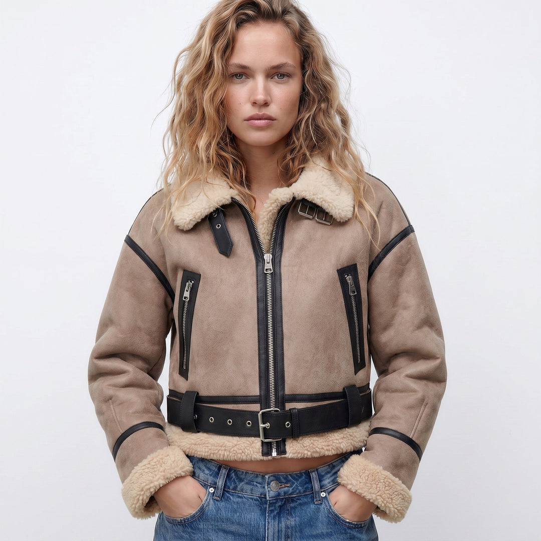 Élisabeth | Blouson aviateur court à col effet peluche