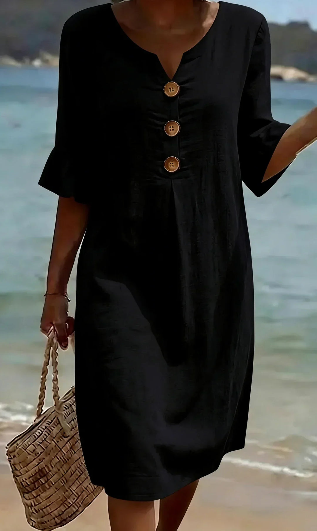 Vanesa | Robe en lin texturé avec manches ballon et boutons