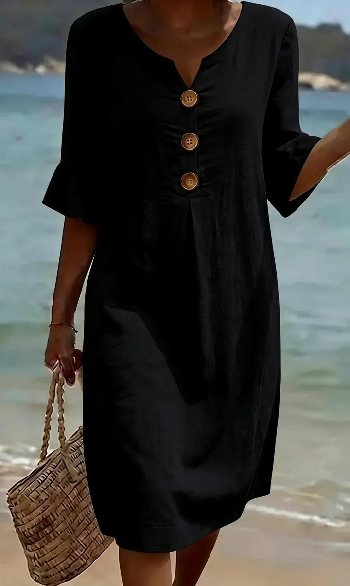 Vanesa | Robe en lin texturé avec manches ballon et boutons