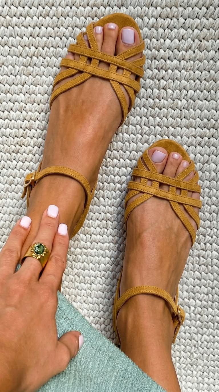 Sandales en daim basses en cuir avec boucle à la cheville et multiples sangles