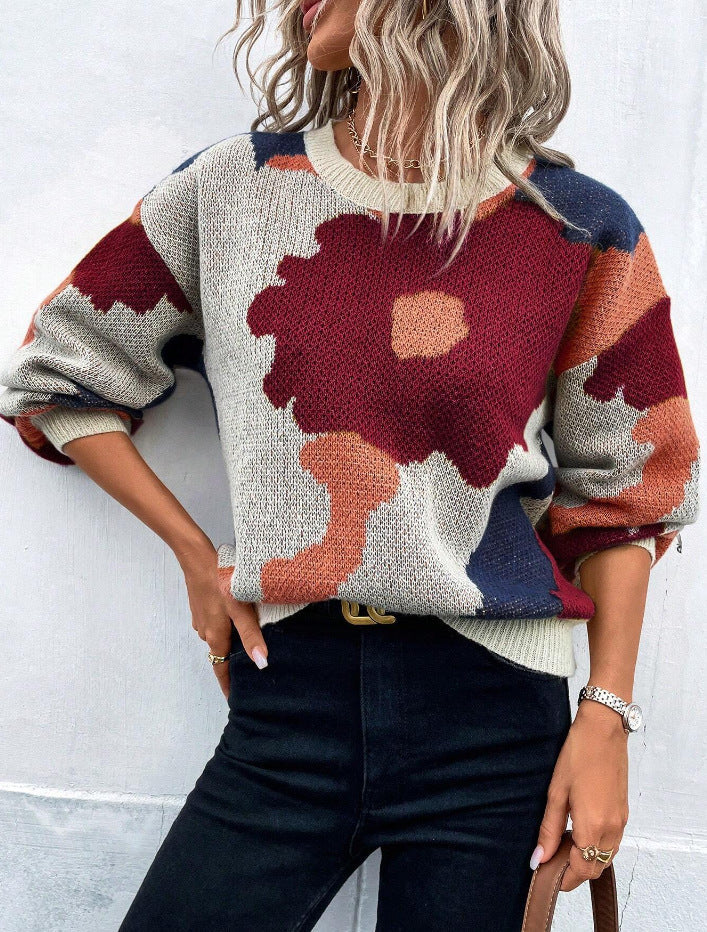 Gratienne | Pull en maille à grande fleur graphique